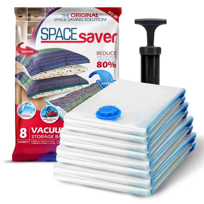 Spacesaver Vacuum Storage Bags with Hand Pump - Vacuum Seal Bags for Clothing, Comforters, Blankets - Reusable Compression Bags for Travel, Moving, Organization - 2S, 2M, 2L, 2XL Sizes - Pack of 8 - Image 1